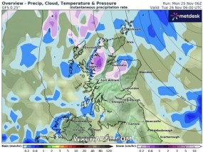 英国天气：天气预报称，零下5摄氏度的北极寒流今天袭击英国，把地图染成了紫色